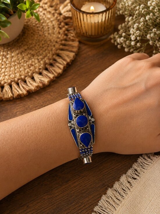 Jewelry - Handmade Blue Stone & Silver Beaded Women's Bracelet